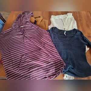 Maurices Maroon and White Striped Hooded Pullover Lot, Medium